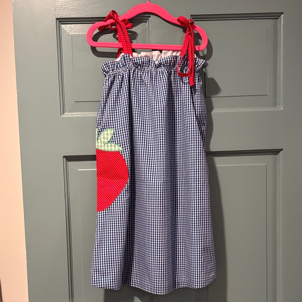 NWOT Beaufort Bonnet Blue Gingham Dress with Red Strawberry Size 7